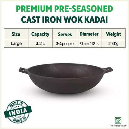 CASTrong Cast Iron Wok Kadai, Pre-seasoned, 100% Pure, Toxin-free, 31cm, 3.2L, 2.8kg