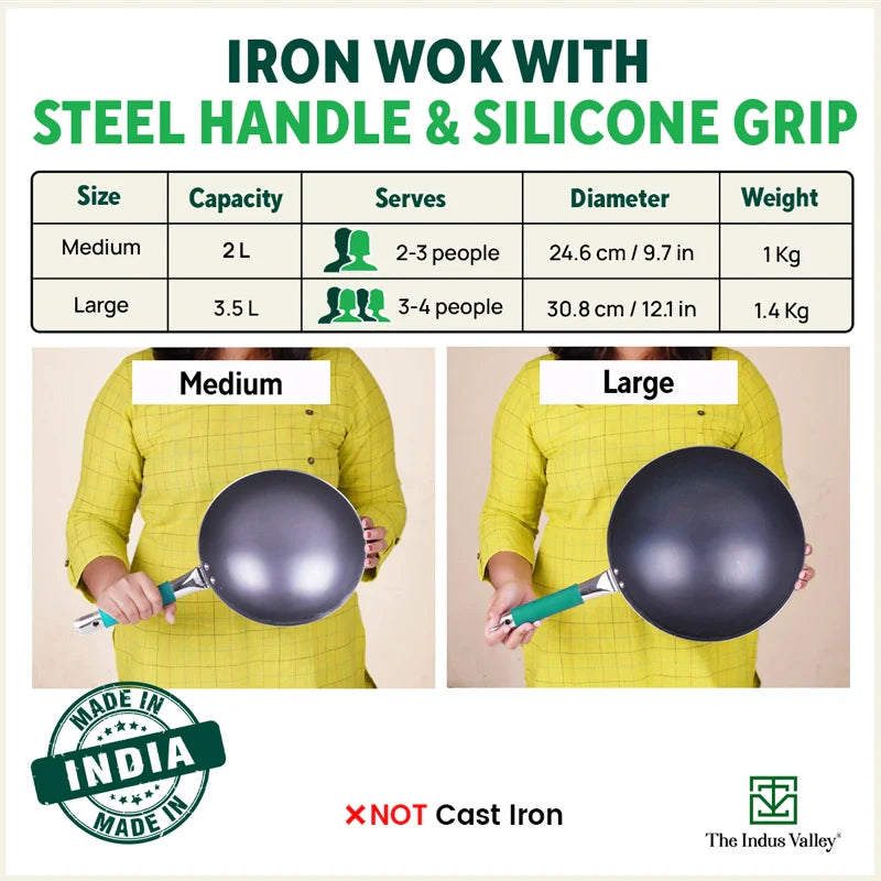 100% Pure Iron Wok with Steel Cool Touch Handle & Silicone Grip, Toxin-free Sheet Iron, Pre-seasoned, 2/3.5 L, 24.6/30.8 Cm, 1/1.4 Kg