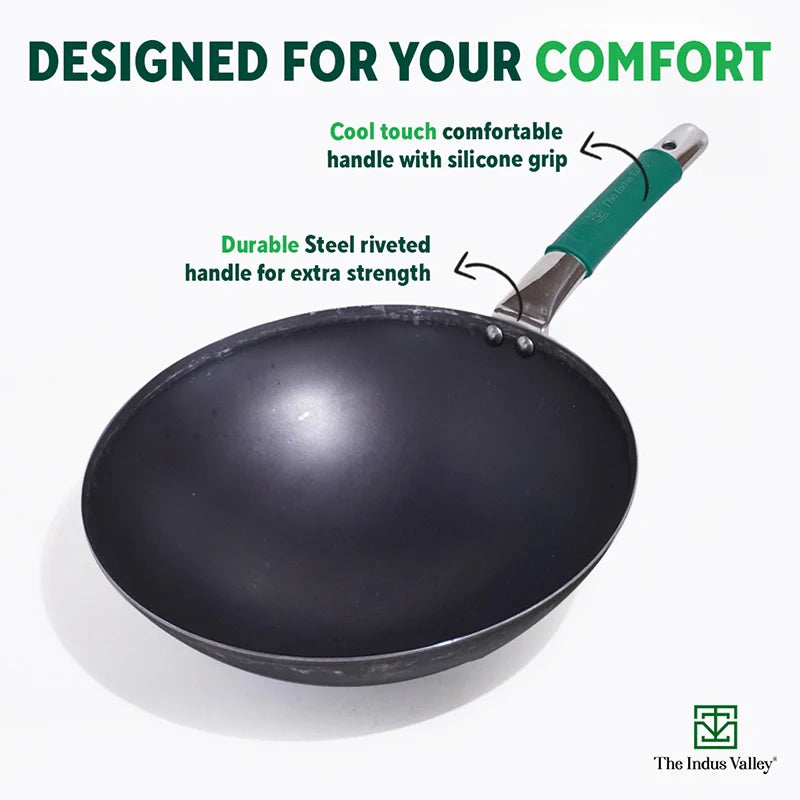 100% Pure Iron Wok with Steel Cool Touch Handle & Silicone Grip, Toxin-free Sheet Iron, Pre-seasoned, 2/3.5 L, 24.6/30.8 Cm, 1/1.4 Kg
