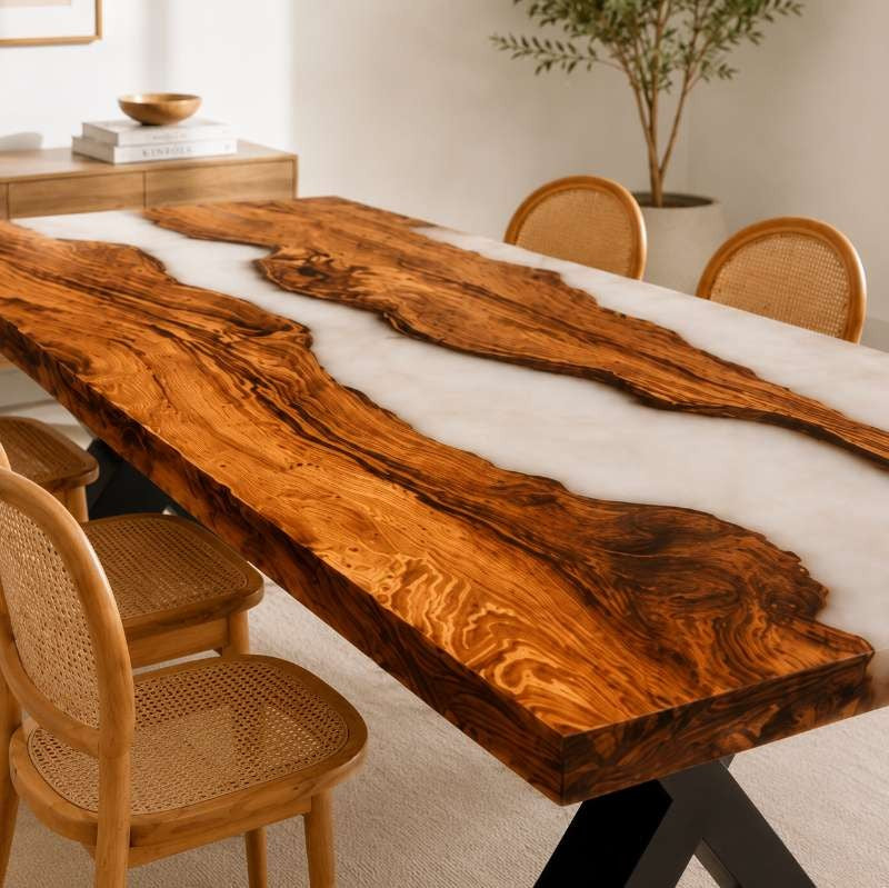 Custom Made Live Edge White Epoxy Resin River Dining Table, Handmade Modern Rustic Wood Furniture, Natural Solid Wood | Custom Made Design
