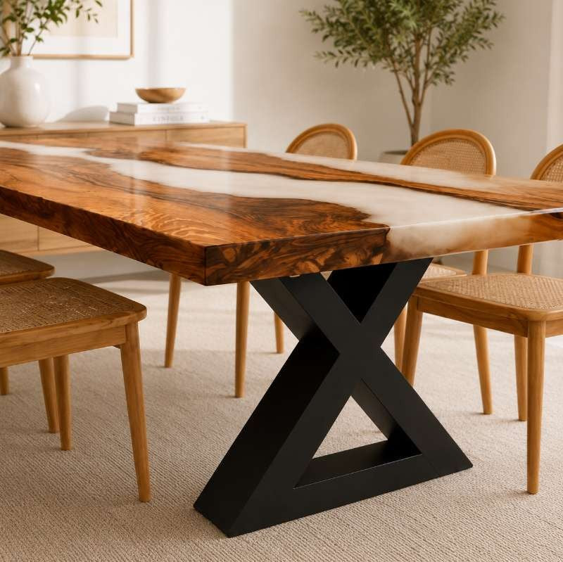 Custom Made Live Edge White Epoxy Resin River Dining Table, Handmade Modern Rustic Wood Furniture, Natural Solid Wood | Custom Made Design