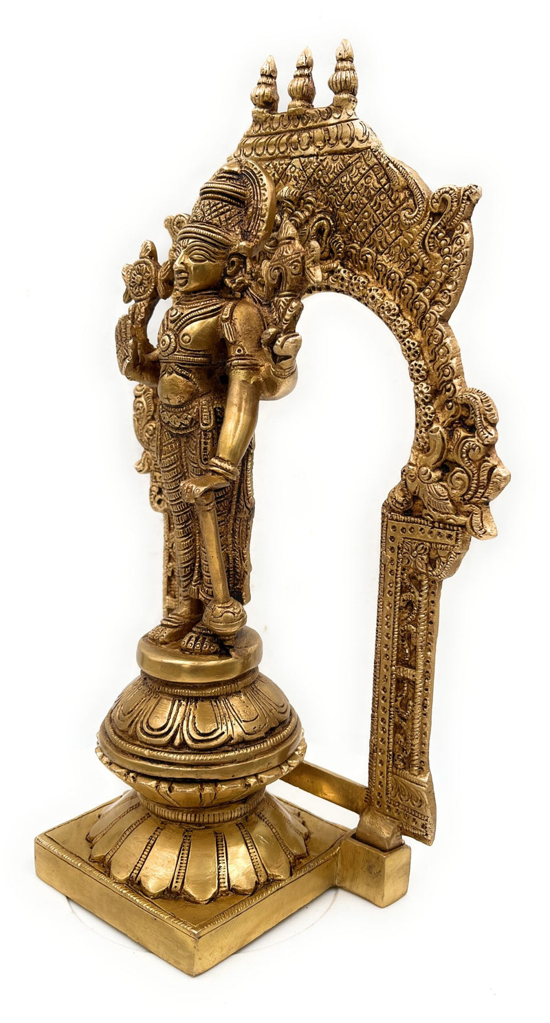 Brass Vishnu Idol Murti with Peetam & Prabhavali – Handcrafted Narayana, Venkateshwara, Balaji, Govinda Statue for Home, Temple & Office Decor,Gold, 10.5 Inch, 1 Piece