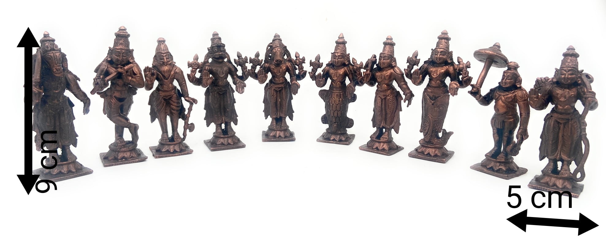 Bhunes Copper Das Avatar Dashavatara Dasavatharam Of Lord Vishnu Statues Ten Incarnations Avatars Idol Murti Home Puja Temple,Brown, 3.5 Inch, 1 Piece