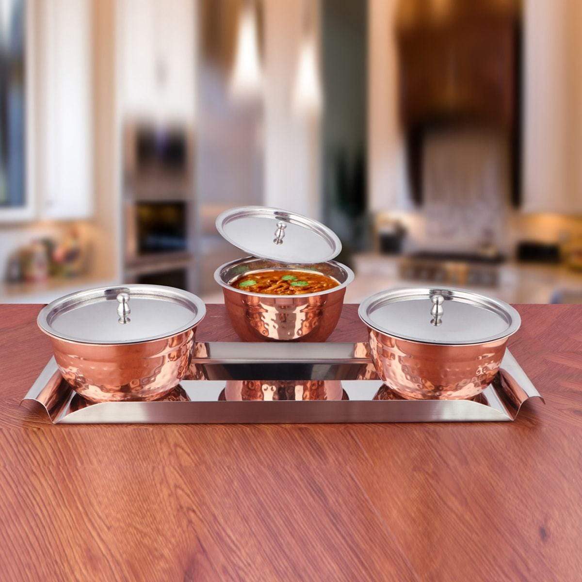 Stainless Steel Copper Hammered Serving Bowl Set with SS Lid and Tray Miska