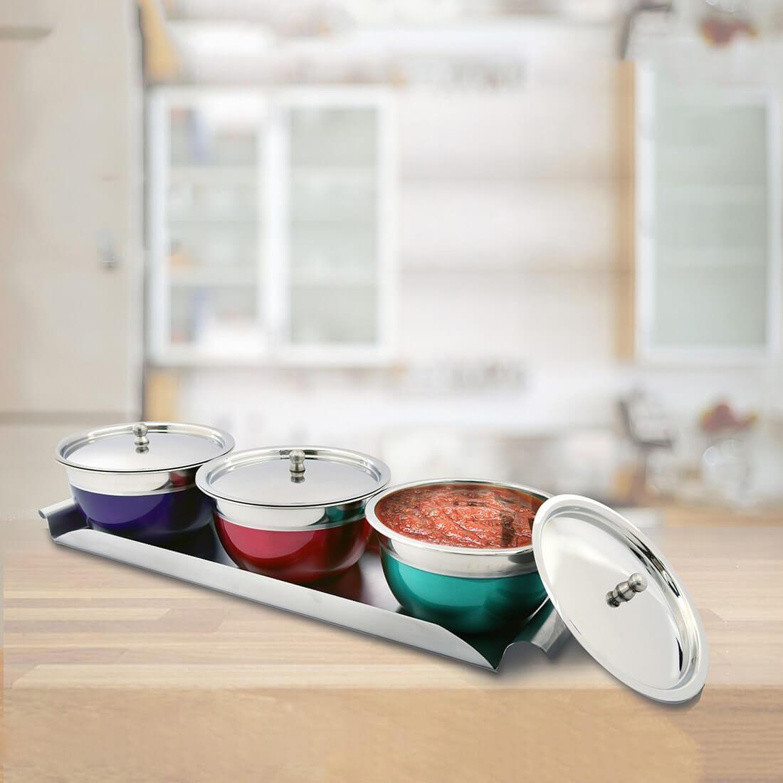   MitraステンレススチールServing Set Stainless Steel Serving Bowl Set with SS Lid and Tray Miska
