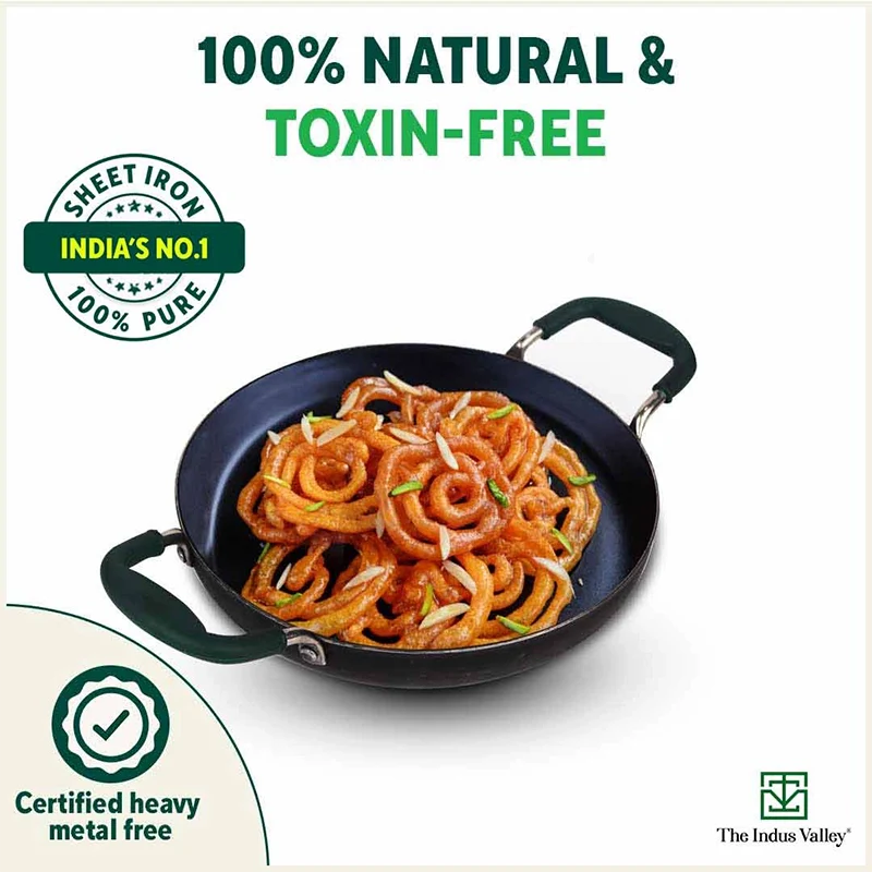 100% Pure Sheet Iron Kadai/ Jalebi/ Paella Pan, Silicone Cool Handles, Seasoned, Toxin-free, Induction, 25.4cm, 1.4L