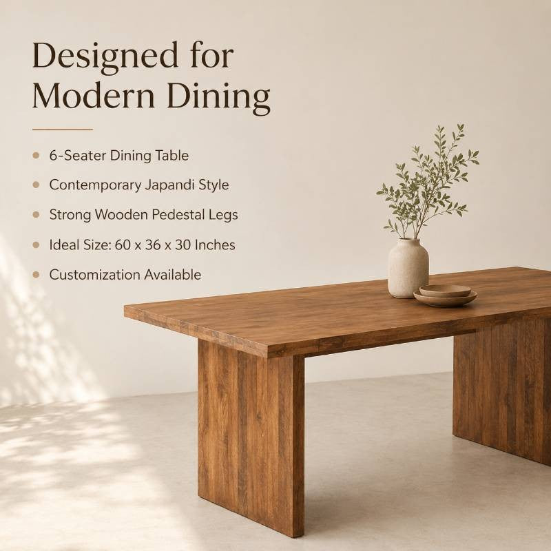 Contemporary Acacia Wood Dining Table with wooden legs | Minimalist Japandi Wooden Table for 6-Seater Dining | 60 x 36 x 30 Inches