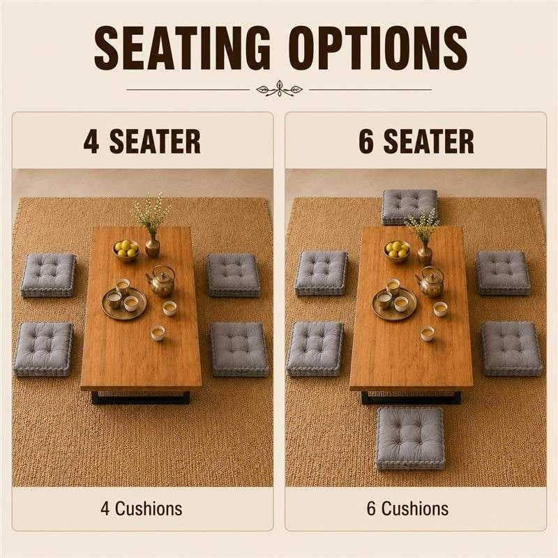 Japanese Low Seating Dining Table Set with Metal Legs & CloudTuft Floor Cushions