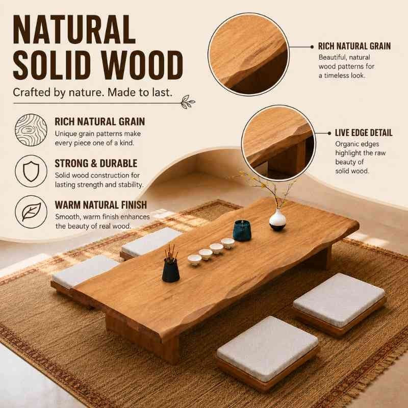 Japanese Style Solid Wood Tatami Tea Table Set with Cushioned Floor Chairs - Rectangular Wooden Low Table
