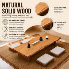 Japanese Style Solid Wood Tatami Tea Table Set with Cushioned Floor Chairs - Rectangular Wooden Low Table