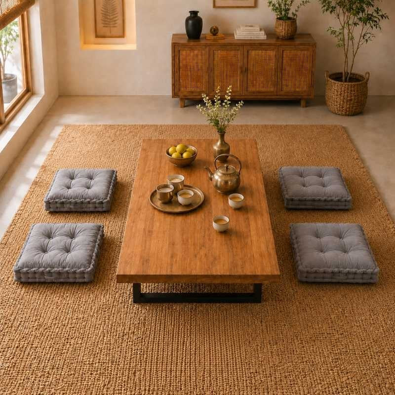 Japanese Low Seating Dining Table Set with Metal Legs & CloudTuft Floor Cushions