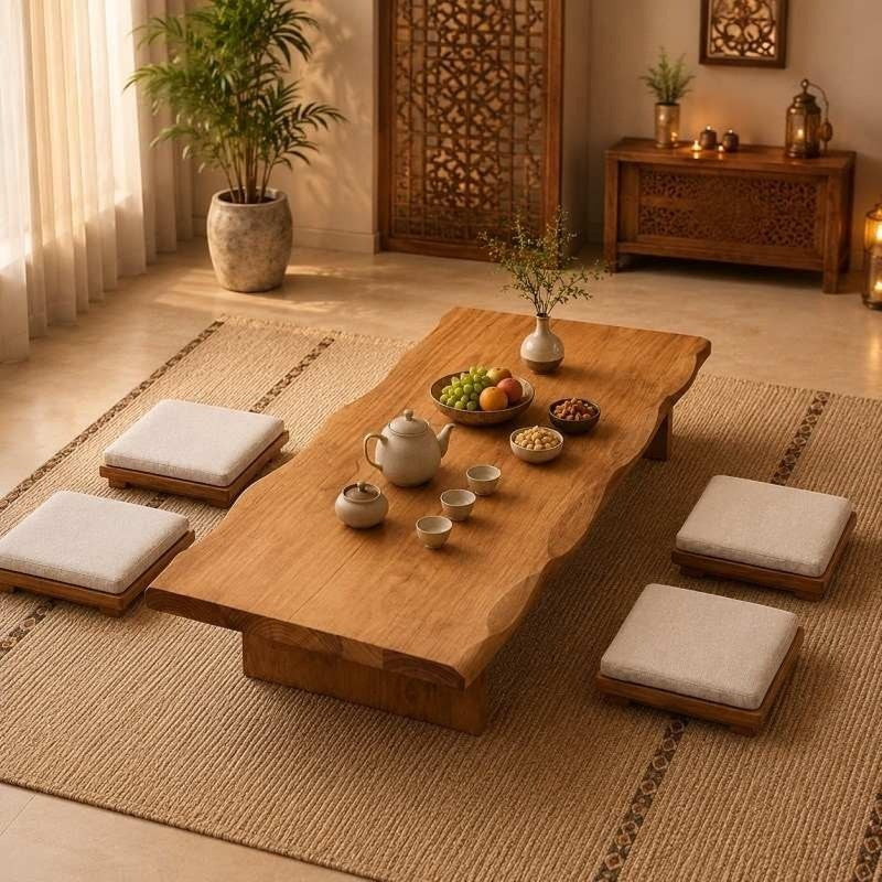Japanese Style Solid Wood Tatami Tea Table Set with Cushioned Floor Chairs - Rectangular Wooden Low Table