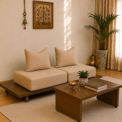 Japanese Style Modular Sofa Bed with Sliding Tea Dining Table – Space Saving Wooden Lounge