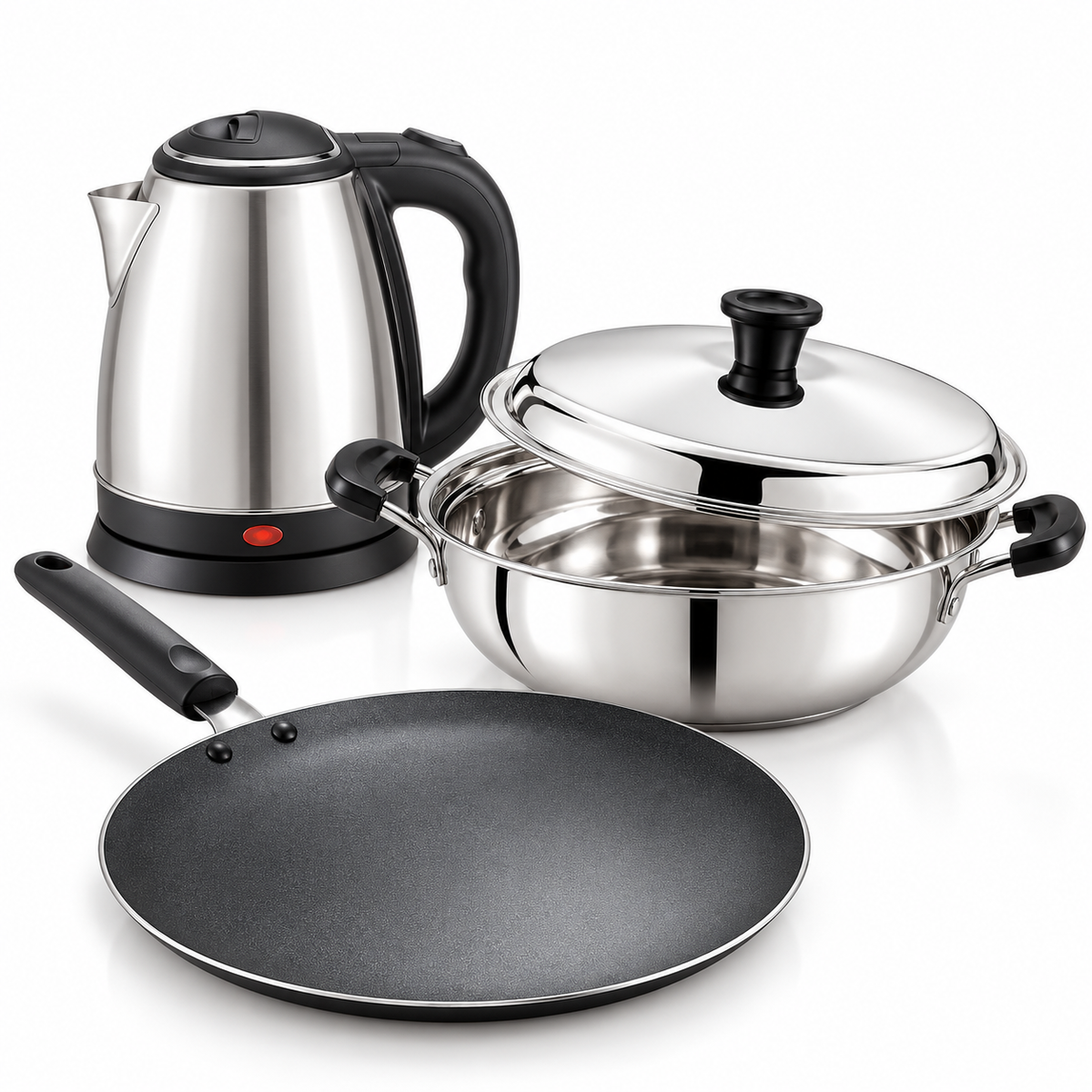 Morning Kitchen Kit Combo | Prestige 1.5 L SS Electric Kettle + Judge by Prestige Non-Stick Concave Tawa + Praylady Essential SS Kadai with Lid