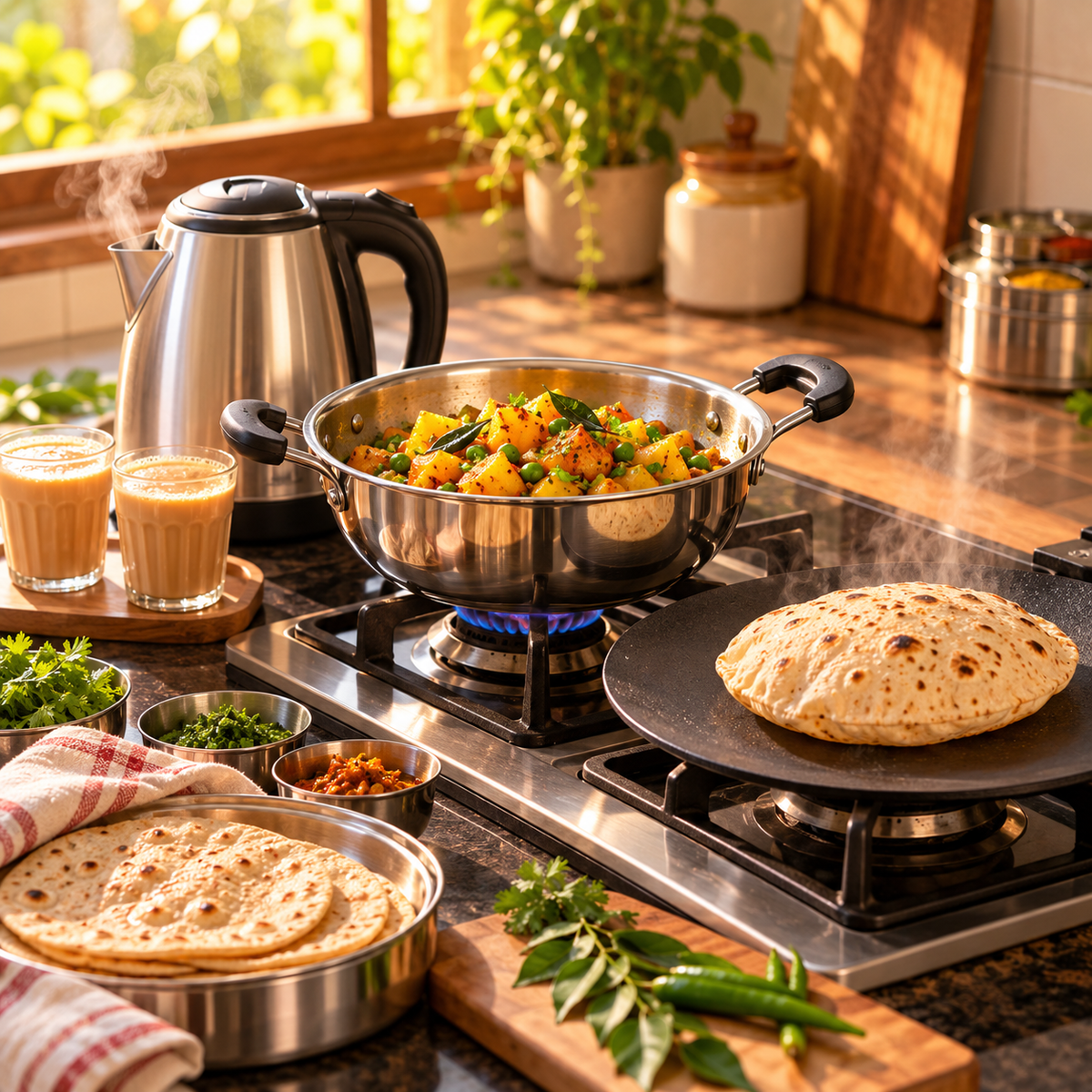 Morning Kitchen Kit Combo | Prestige 1.5 L SS Electric Kettle + Judge by Prestige Non-Stick Concave Tawa + Praylady Essential SS Kadai with Lid-2