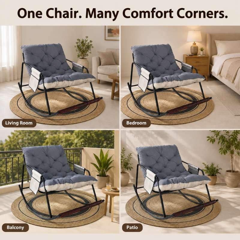 Comfy Rocking Chair with Foot Massager & 4 Ft Jute Rug — Complete Relaxation Corner Set