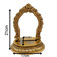 Brass Pooja Chowki with Prabhavali, Handcrafted Mandir Chowki Pedestal for Idol, Puja Stand, Ritual Puja Bajot, Home Temple Decor, Traditional Brass Altar,Gold, 8.5 Inch, 1 Piece