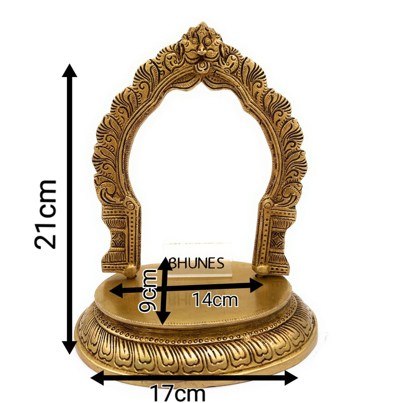 Brass Pooja Chowki with Prabhavali, Handcrafted Mandir Chowki Pedestal for Idol, Puja Stand, Ritual Puja Bajot, Home Temple Decor, Traditional Brass Altar,Gold, 8.5 Inch, 1 Piece