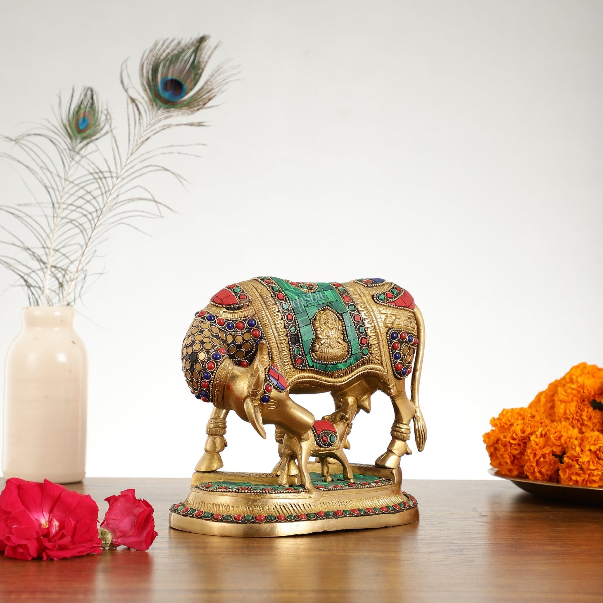 Kamdhenu Brass Idol with Ganesha and Lakshmi Engravings | 6.5" x 8" x 5