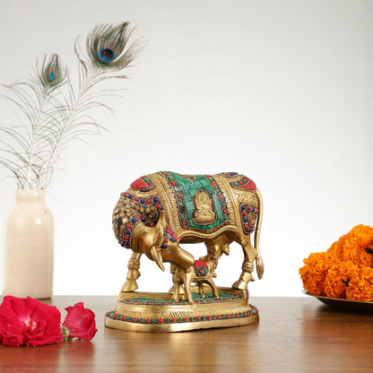 Kamdhenu Brass Idol with Ganesha and Lakshmi Engravings | 6.5" x 8" x 5