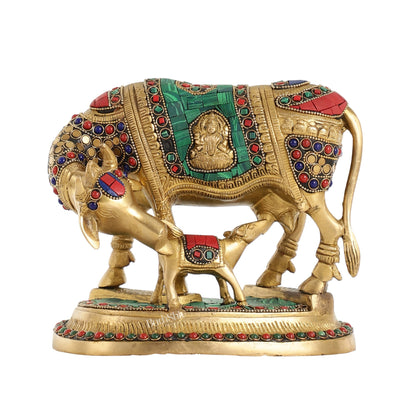 Kamdhenu Brass Idol with Ganesha and Lakshmi Engravings | 6.5" x 8" x 5