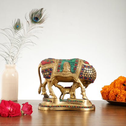 Kamdhenu Brass Idol with Ganesha and Lakshmi Engravings | 6.5" x 8" x 5