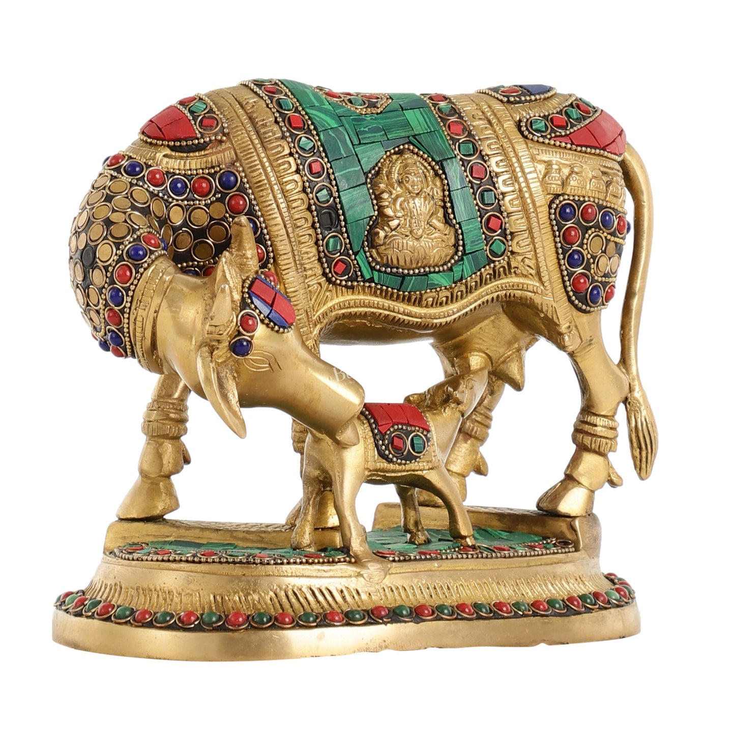 Kamdhenu Brass Idol with Ganesha and Lakshmi Engravings | 6.5" x 8" x 5