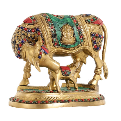 Kamdhenu Brass Idol with Ganesha and Lakshmi Engravings | 6.5" x 8" x 5