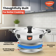 Pots & Pans Series Essential Stainless Steel Kadai | Sandwich Bottom, Stay-Cool Handles & Lid | Induction & Gas Compatible