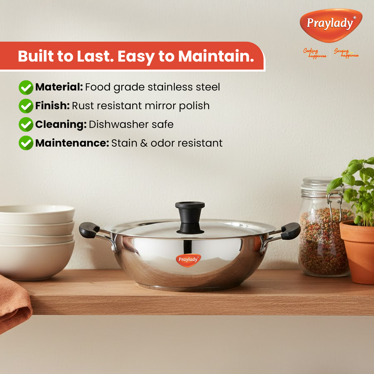 Pots & Pans Series Essential Stainless Steel Kadai | Sandwich Bottom, Stay-Cool Handles & Lid | Induction & Gas Compatible