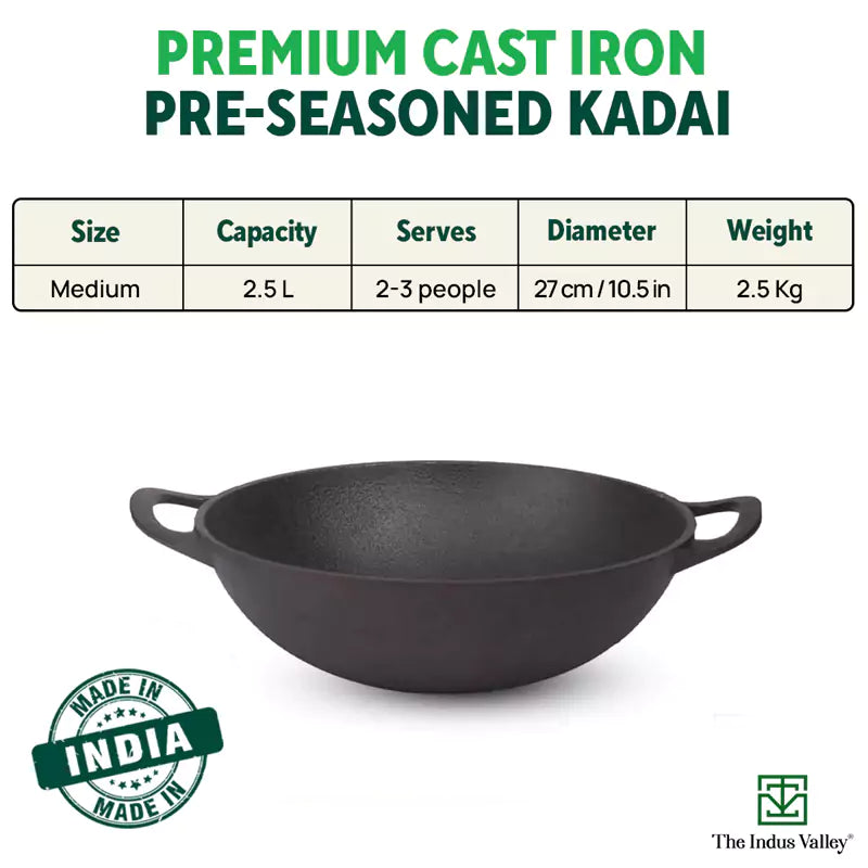 CASTrong Cast Iron Kadai, Pre-seasoned, Nonstick, 100% Pure, Toxin-free, 27cm, 2.5L, 2.5kg