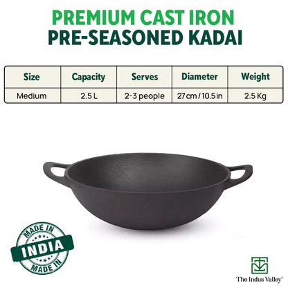CASTrong Cast Iron Kadai, Pre-seasoned, Nonstick, 100% Pure, Toxin-free, 27cm, 2.5L, 2.5kg