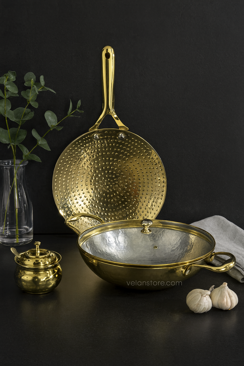 Brass Essentials Combo Set (Brass Roti Tawa with Insulated handle, Brass Ghee Pot, Brass Kadhai with Insulated handles & Glass lid)