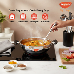Pots & Pans Series Essential Stainless Steel Kadai | Sandwich Bottom, Stay-Cool Handles & Lid | Induction & Gas Compatible