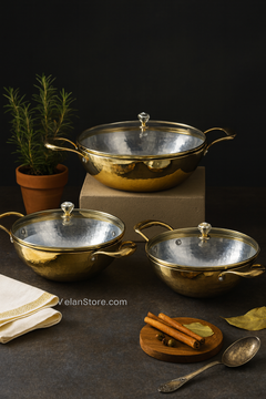 Set of 3 Brass Kadhais with Glass Lid (1.5L round base, 3L round base, 3L flat base)-1