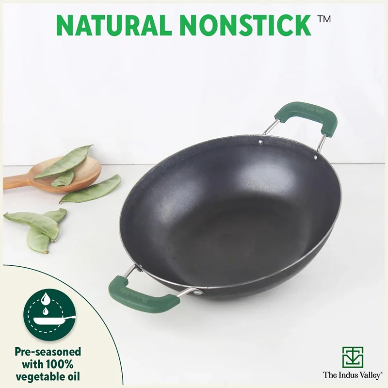 100% Pure Sheet Iron Kadai with Silicon Handle, Seasoned, Toxin-free