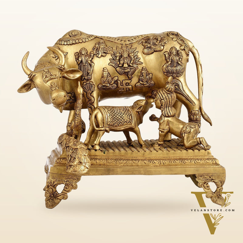 Kamadhenu Cow and Calf Brass Idol 14 inch