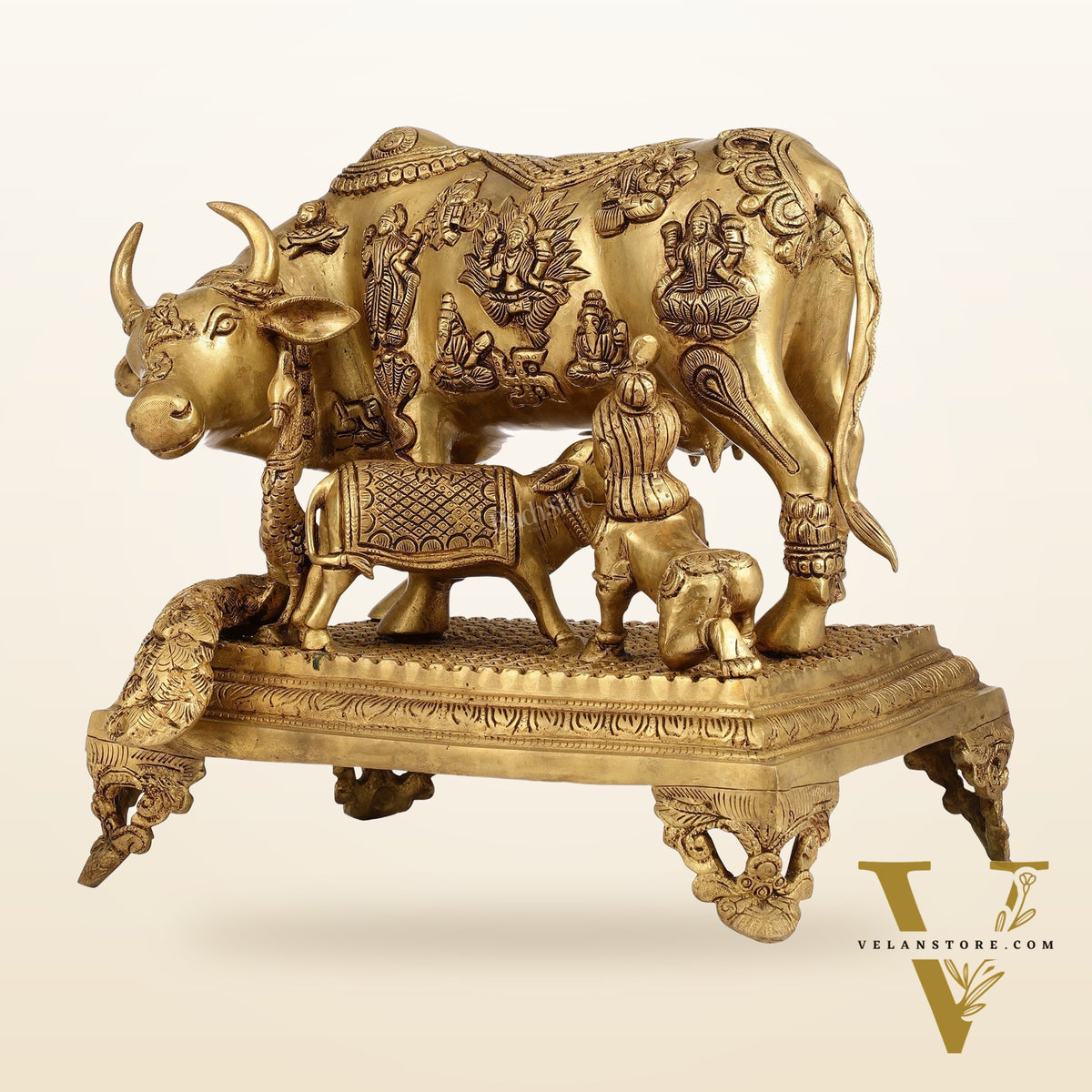 Kamadhenu Cow and Calf Brass Idol 14 inch