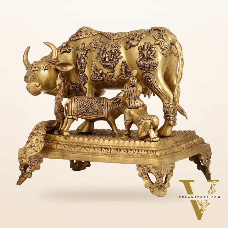Kamadhenu Cow and Calf Brass Idol 14 inch