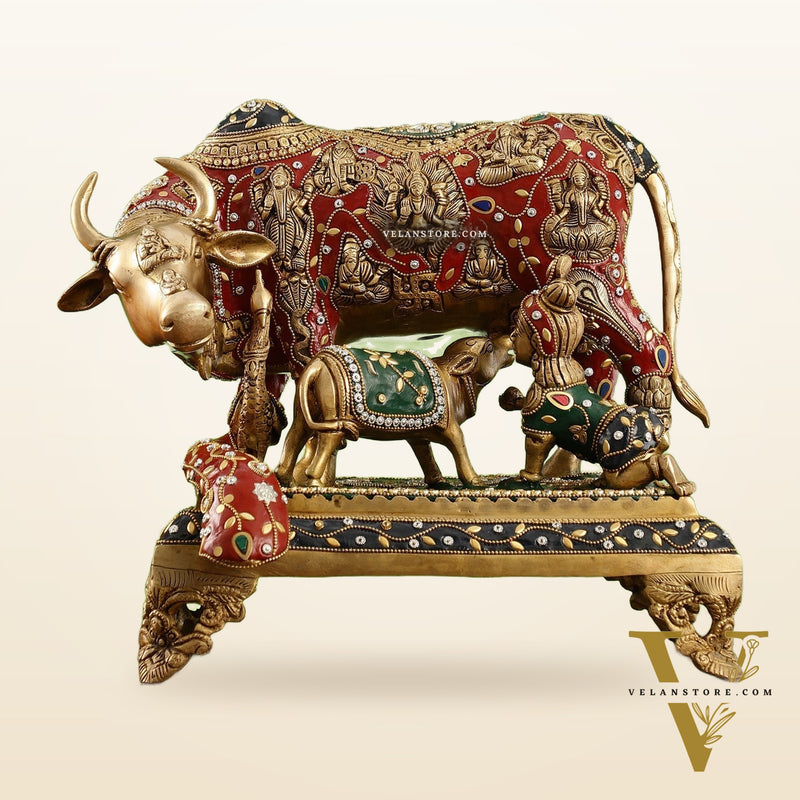 Kamadhenu Cow and Calf Brass Idol 14 inch