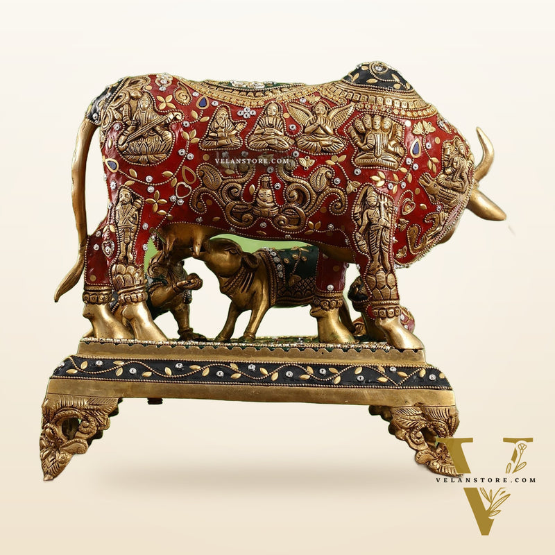 Kamadhenu Cow and Calf Brass Idol 14 inch