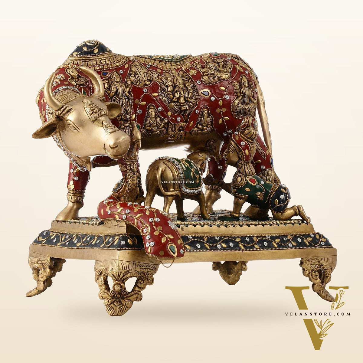 Kamadhenu Cow and Calf Brass Idol 14 inch