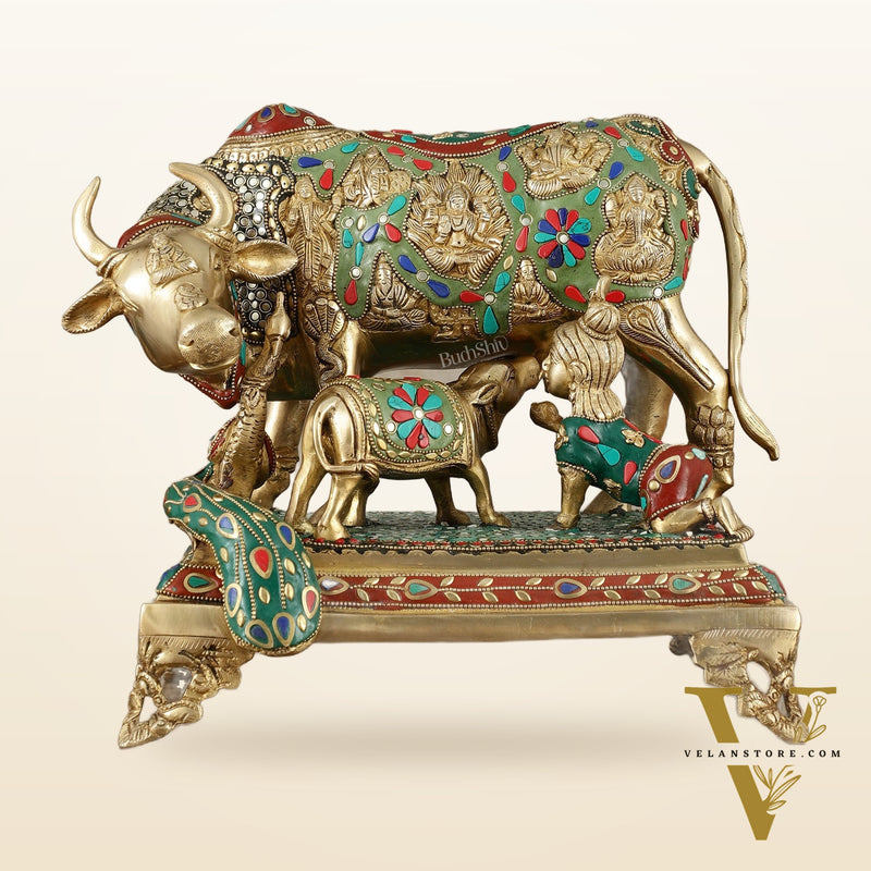 Kamadhenu Cow and Calf Brass Idol 14 inch with stonework