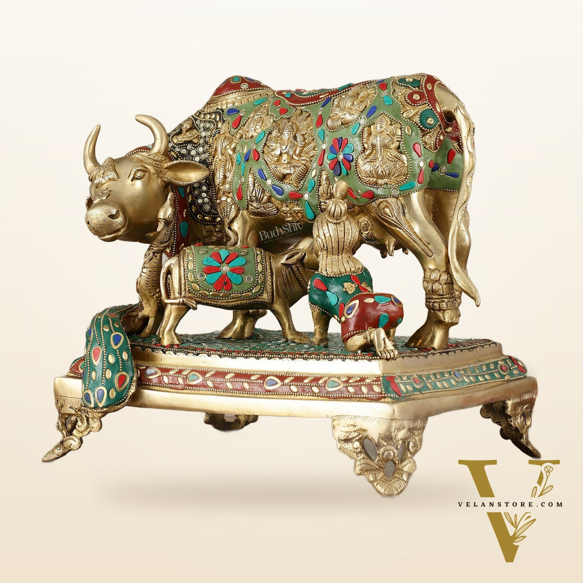 Kamadhenu Cow and Calf Brass Idol 14 inch with stonework