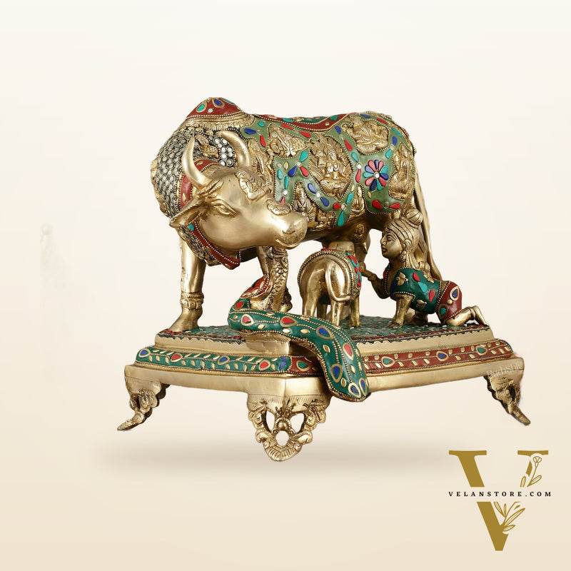 Kamadhenu Cow and Calf Brass Idol 14 inch with stonework