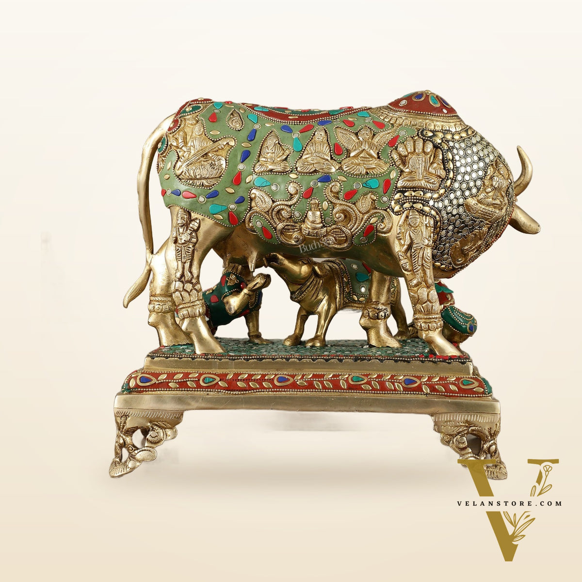 Kamadhenu Cow and Calf Brass Idol 14 inch with stonework