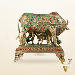 Kamadhenu Cow and Calf Brass Idol 14 inch with stonework