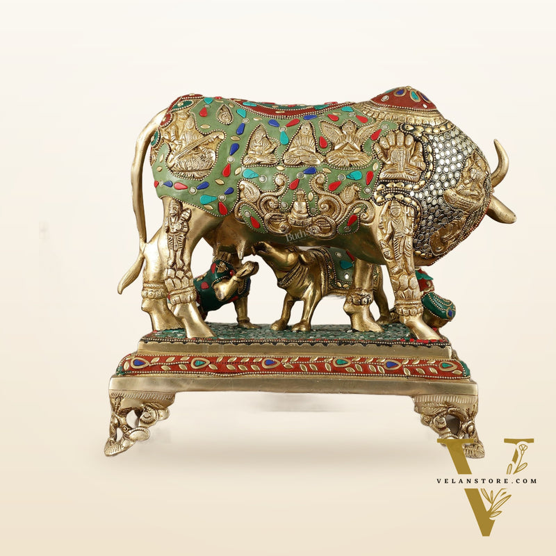 Kamadhenu Cow and Calf Brass Idol 14 inch with stonework
