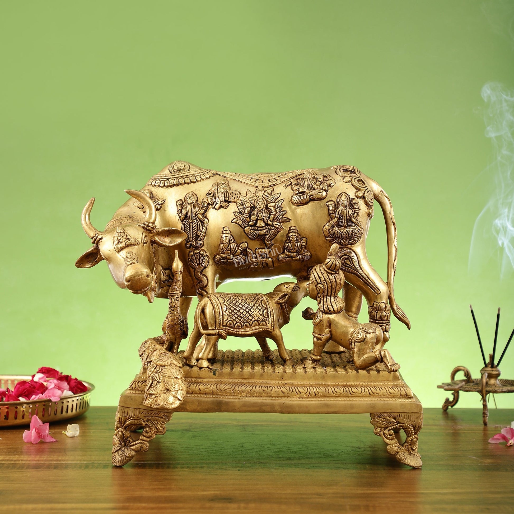 Kamadhenu Cow and Calf Brass Idol 14 inch