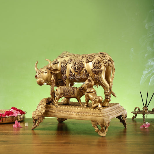 Kamadhenu Cow and Calf Brass Idol 14 inch